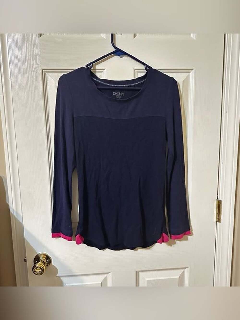 DKNY Navy Long Sleeve Tee with Pink Cuff Detail